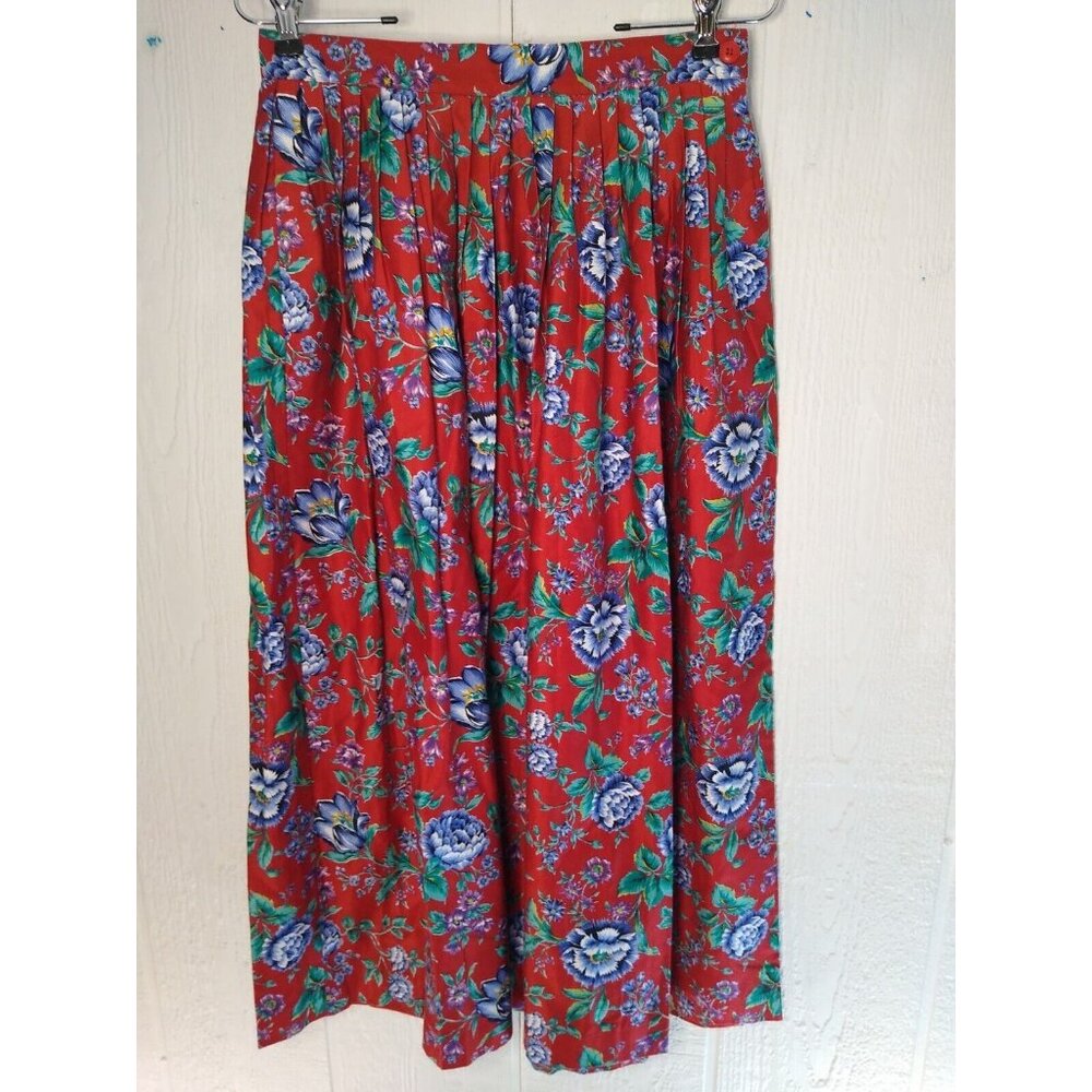 Vtg Carroll Reed Womens 10 Cotton Maxi Skirt Red Bright Floral Pleated Pockets